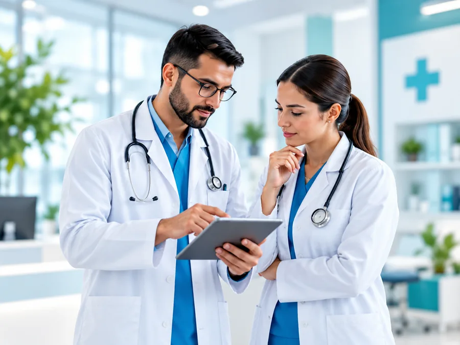 Dos médicos revisando una tableta en una clínica (imagen conceptual)